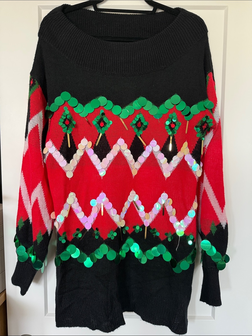 Black, Red and Green Sequin Chevron Knit Sweater